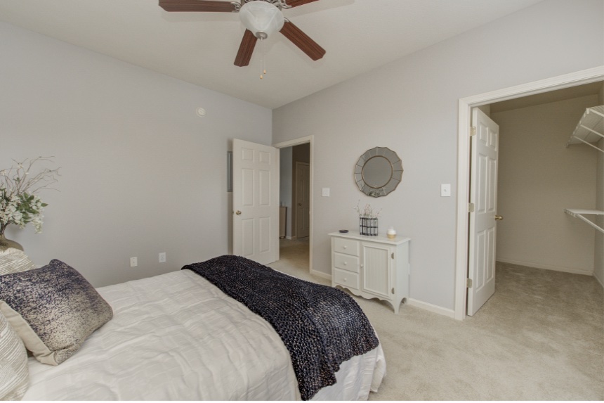 Model bedroom in a Bloomington apartment.