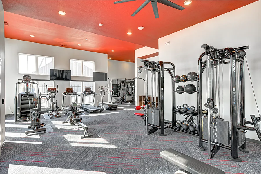 If you can't see all the amenities on your tour, ask for a list. A new-construction apartment should have incredible amenities, like this gym at Crossing 5 Apartments. Gym at Crossing 5 Apartments