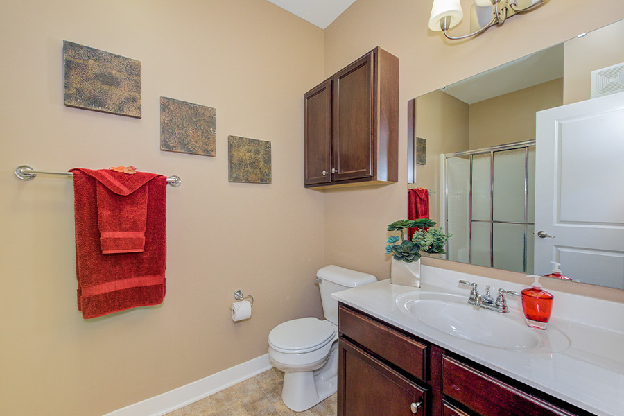 Beige walls with dark brown cabinets plus red decor inside a bathroom at The Waverly Apartments.