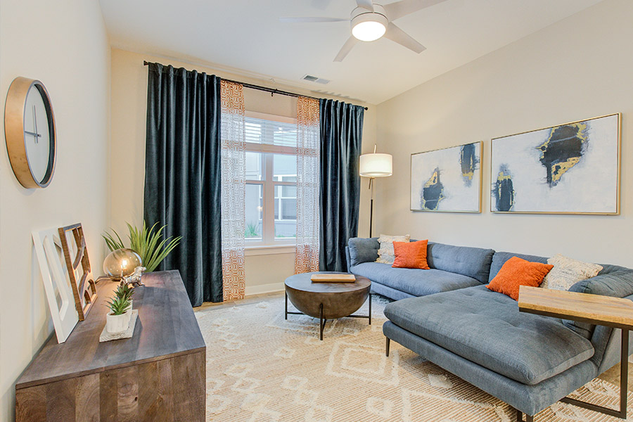 Start a small indoor garden in living spaces like this one at Penrose on Mass Apartments. Apartment living room with couch, coffee table, wall art, and succulents