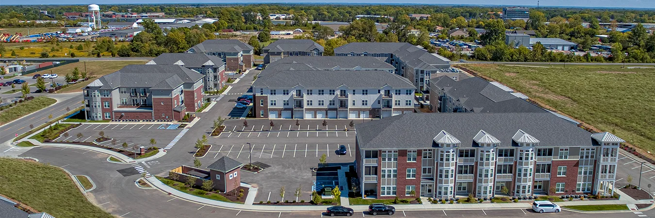 Aerial view of new apartment community Wheelhouse Apartments